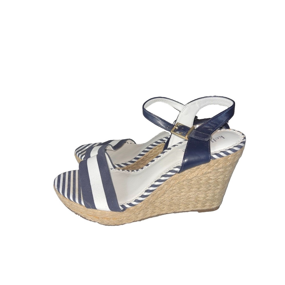 Kelly & Katie Navy Blue White Striped Espadrille Wedge Sandals Women's Size 9